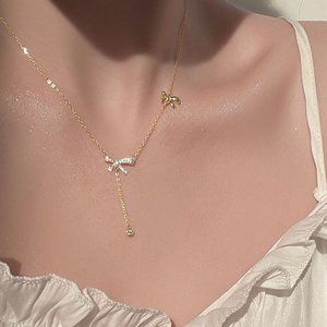 NEW Silver Gold Copper Zircon Bow Knot Tassel Necklace